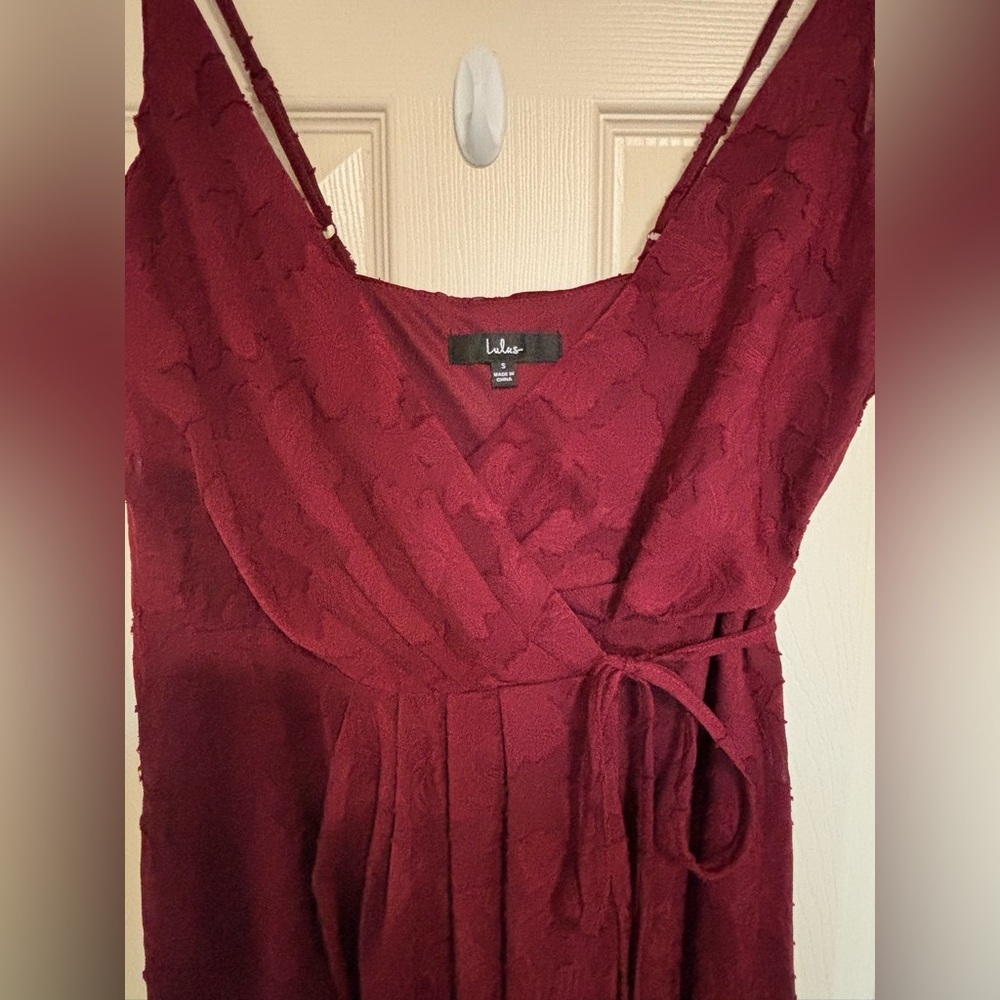 Lulus Burgundy Floral Jacquard Wrap Maxi Dress wedding guest prom - Picture 3 of 8